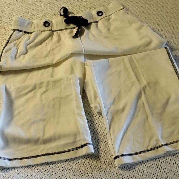 Vintage Cotton Embellished Cinched White Accented Blue Seams Pocketed Sz M Pants - Picture 1 of 7